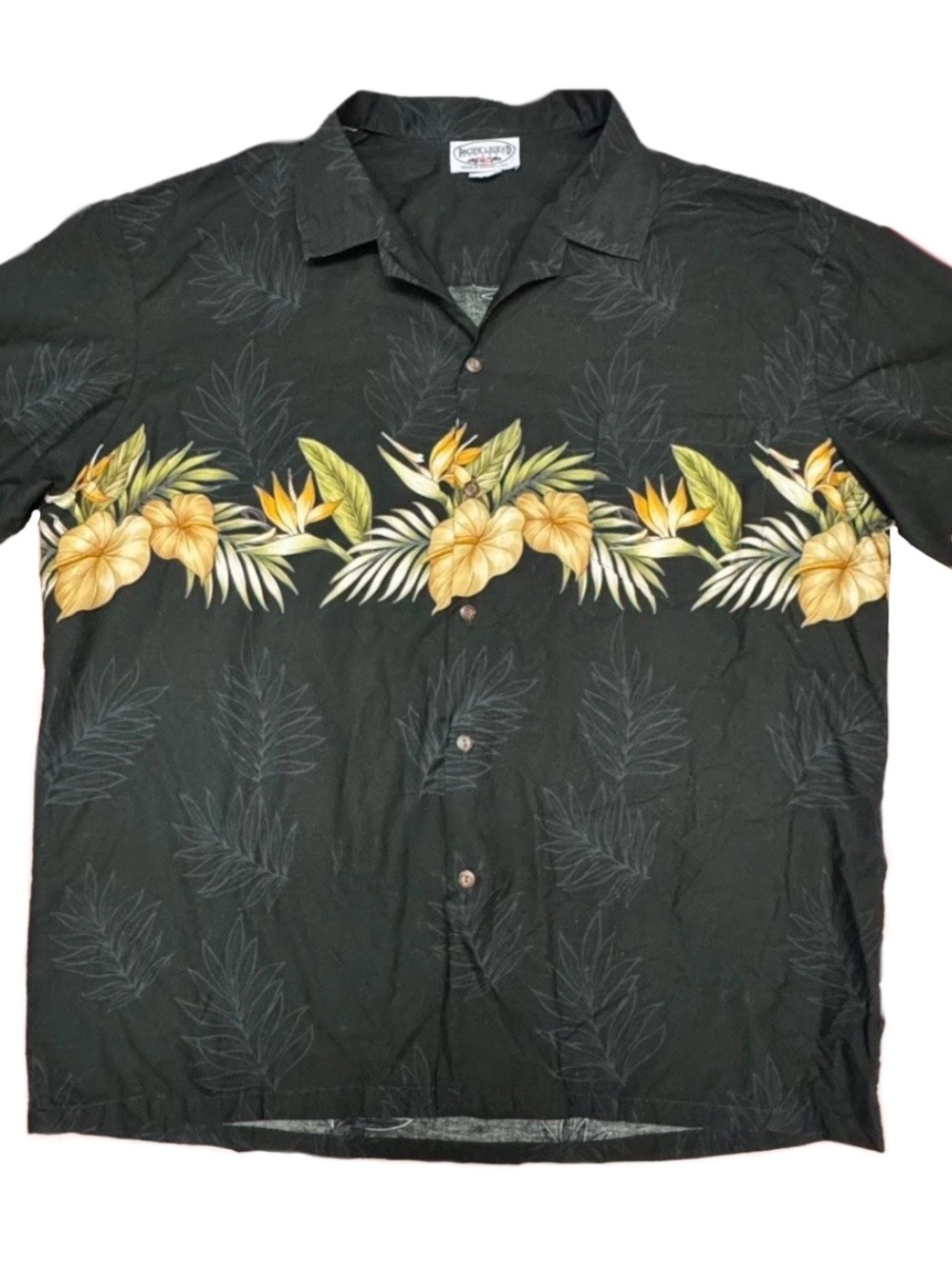 Men's Pacific Legend Black Button-Down Hawaiian Shirt with Yellow Floral Band